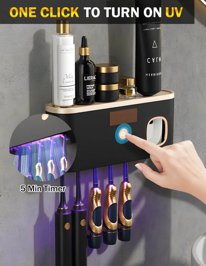 s for Bathrooms, UV Toothbrush Sanitizer Wall Mounted with Toothpaste Dispenser, Large Capacity Tray, Tooth Brushing Holder & Bathroom Accessories